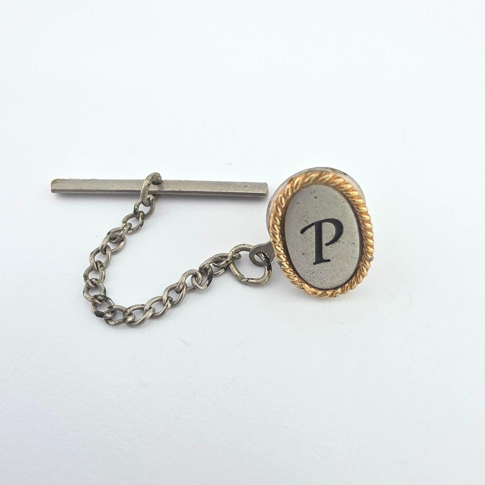 Vintage 1950s SWANK Monogram 'P' Tie Tack Tie Pin Mid-Century Silver & Gold Tone
